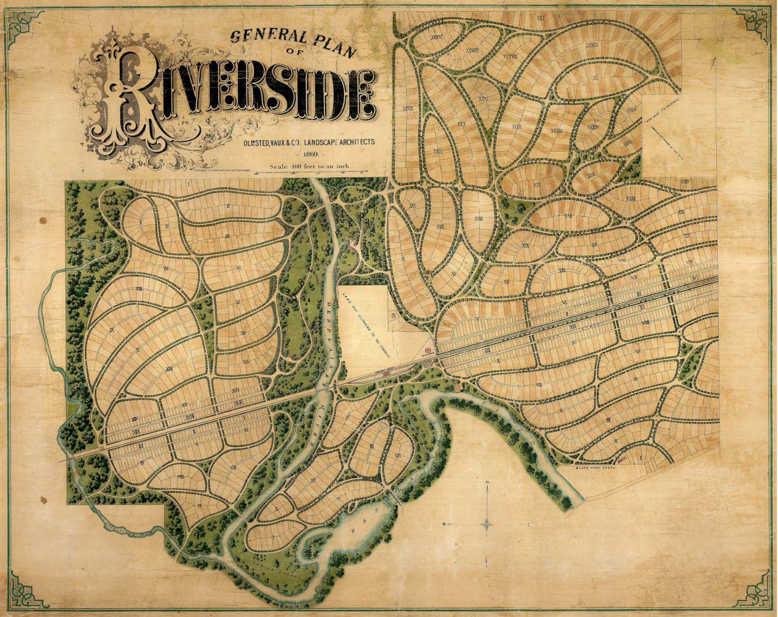 Sepia-toned plan of the village of Riverside with curved streets, plot lines, and trees. “General Plan of Riverside” is printed in curled block text at the top left. 